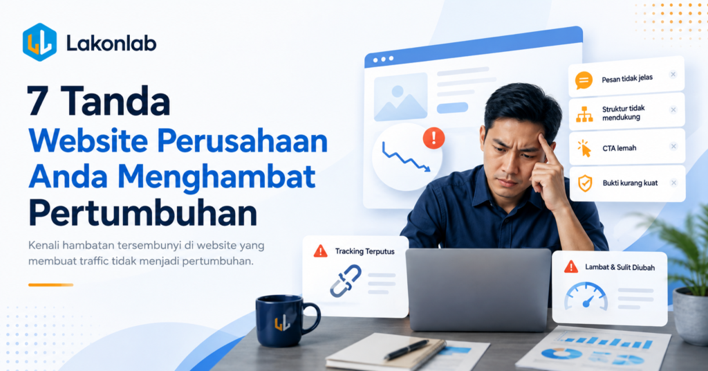 Ilustrasi website perusahaan yang menjadi hambatan antara aktivitas pemasaran dan peluang pertumbuhan bisnis.