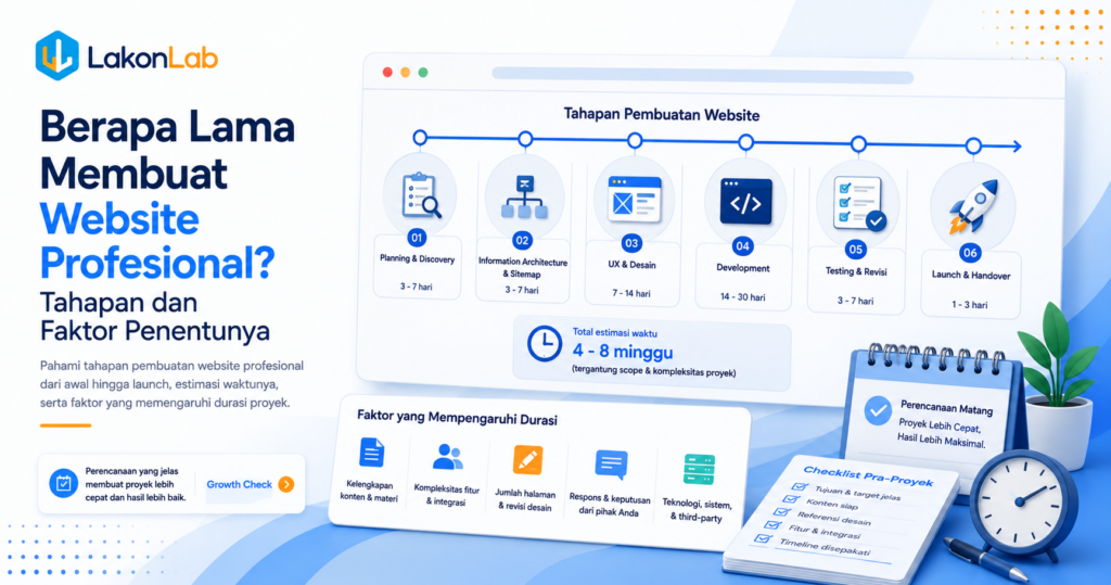 Durasi pembuatan website tidak ditentukan oleh jumlah halaman saja. Panduan ini membantu founder memahami rentang waktu, tahapan kerja, dependency, dan cara mengurangi risiko proyek molor.